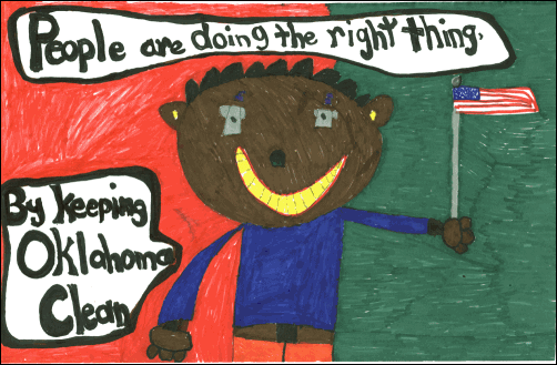 Third Place award, K - 2nd grade, Anthony Fryar Stonebarger, 1st grade, Claremore: People are doing the right thing. By keeping Oklahoma Clean: Young boy waving the American flag