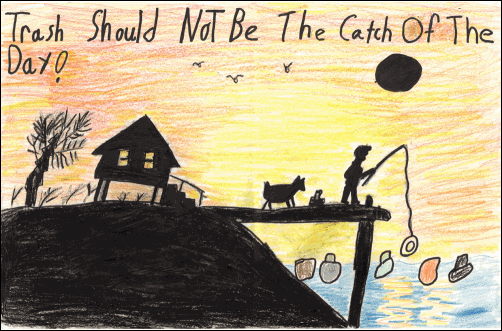 Third Place award, 3rd - 5th grade, Garrett Price, 4th grade, Fort Towson: Trash should not be the catchof the day! A tree and a cabin by a lake, a boy and his dog fishing from a dock and catching an old tire