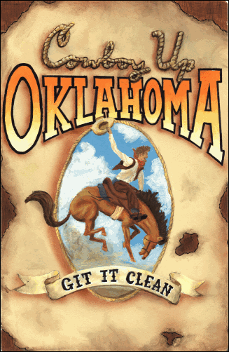 First Place award, 6th - 8th grade, Kevin Kurtz, 8th grade, Tulsa: Cowboy Up Oklahoma Git Ot Clean. A cowboy riding a bucking horse