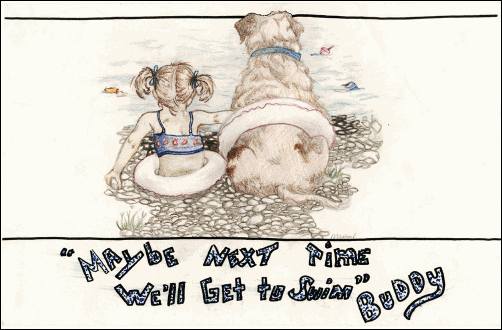 Third Place award, 6th- 8th grade, Marisol Tahdooahnippah, 8th grade,Walters: Maybe next time we'll get to swim, Buddy. A little girl with swimsuit on and swim tube around her next to her dog who also has a swim tube on sitting on the bank of a polutted lake