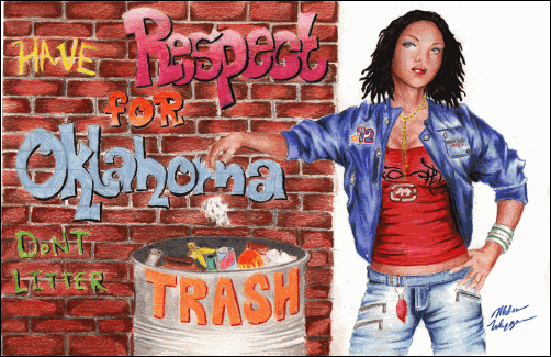Second Place award, 6th - 8th grade, Melissa Waggoner, 8th grade, Edmond: Have Respect for Oklahoma Don't Litter. A teenage girl is standing next to a brick wall and a trash can dropping trash into the trash can