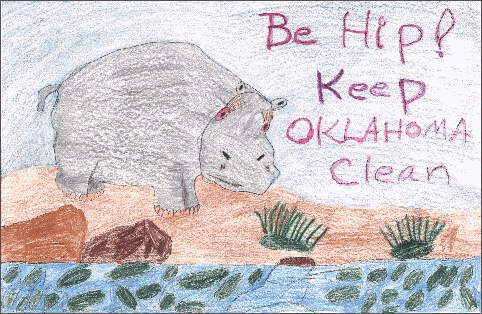 Third Place Award, K - 2nd grade, Cassie Pletcher, 2nd grade, Springer. A gray hippopotamus by water. Slogan be hip! Keep Oklahoma clean.