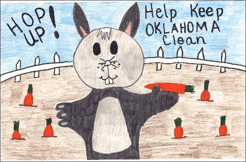 First Place award, K - 2nd grade, Caden Ungar, 1st grade, Stilwell. Rabbit standing up with carrot in hand. slogan Hold up! Help keep Oklahoma Clean.