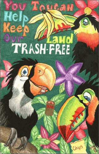 Third Place Award, 9 - 12th grade,Deidre Candia, 12th grade, Ada. Three toucans in a tropical jungle with trash on foliage and toucans' beaks. Slogan You can help keep our land trash-free.