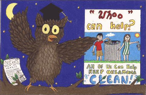 Second Place award, 3 - 5th grade, Jessica Shenoi, 5th grade, Tulsa. Wise owl point at poster with slogan Whoo can help? All of us can help keep oklahoma clean!