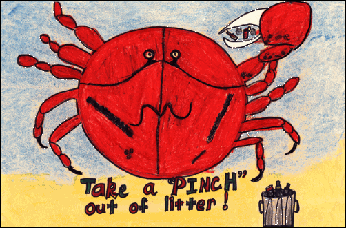 Crab next to traxh can with a pincer full of litter with the words "Take a "PINCH" out of litter!"