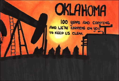 Oilfield pumping unit at sunset with the words "OKLAHOMA 100 years and counting, and we’re counting on you to keep us clean."