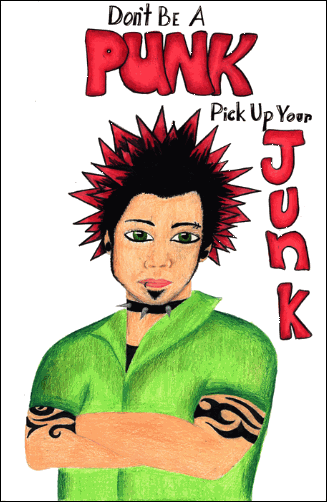 Boy with spiked hair and tatoos with the words "Don’t Be A PUNK Pick Up Your Junk"
