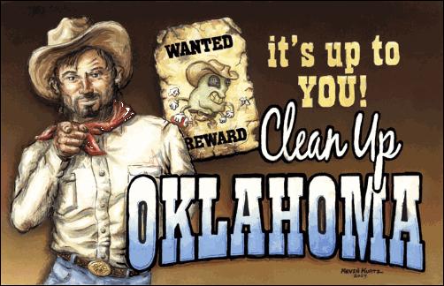 Cowboy standing and pointing next to a wanted poster of a litter bug with the words "it’s up to you! Clean Up OKLAHOMA"