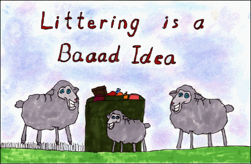 Three sheep next to a trash can with the words "Littering is a Baaad Idea"