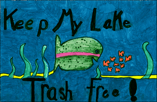 Fish swimming in a lake with the words "Keep My Lake Trash Free!"