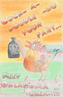 Picture of an angry rooster holding a piece of trash in the barnyard.