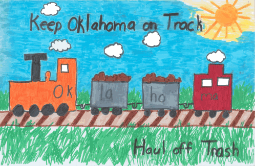 Picture of a train chugging to the left with the words 'Haul Off Trash' along the bottom.