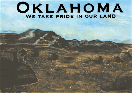 The mountains of Oklahoma with the slogan 'OKLAHOMA WE TAKE PRIDE IN OUR LAND'