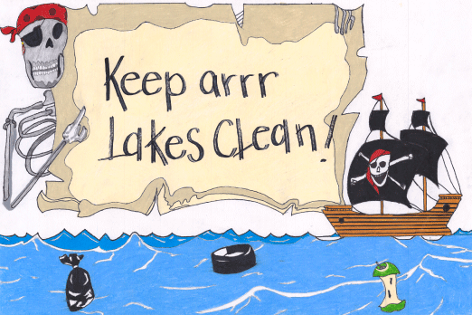 child's art of a pirate skeleton pointing to a treasure map that reads keep arrr lakes clean, promoting keeping Oklahoma lakes clean of trash