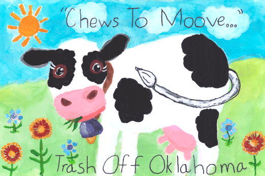 child's art of a cow promoting keeping Oklahoma highways clean of trash