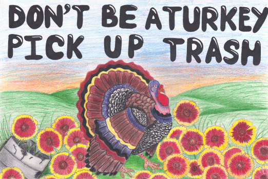 child's art of a wild turkey, promoting keeping Oklahoma highways clean of trash