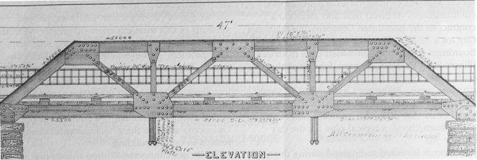 Measured drawing of a 47-foot Warren pony truss illustrates a standard design adopted throughout the state.  By inserting vertical members engineers added strength to the floor system.