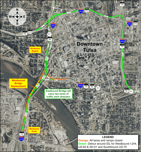 Aerial picture of construction area showing detour routes