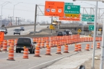 Construction channelization barrels along the Tulsa Inner Dispersal Loop project.